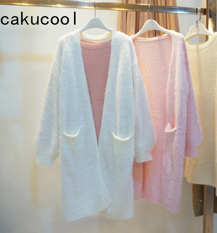 Длинный женский кардиган с блестками Cakucool корейский Пушистый свитер свободного