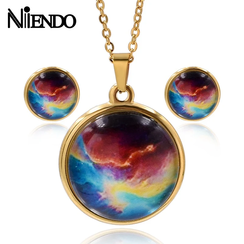 NIENDO Present Hot sale Fashion Women Stainless Steel solar eclipse Glass ball of universe sights pendant earrings Jewelry Sets | Украшения