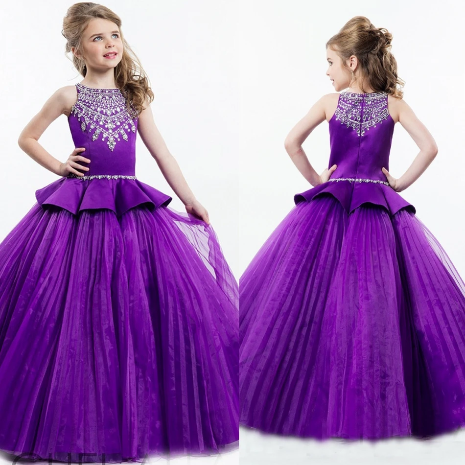 Красивый Фиолетовый Цветок Девочки Платья Кристалл Складки Тюль Первое