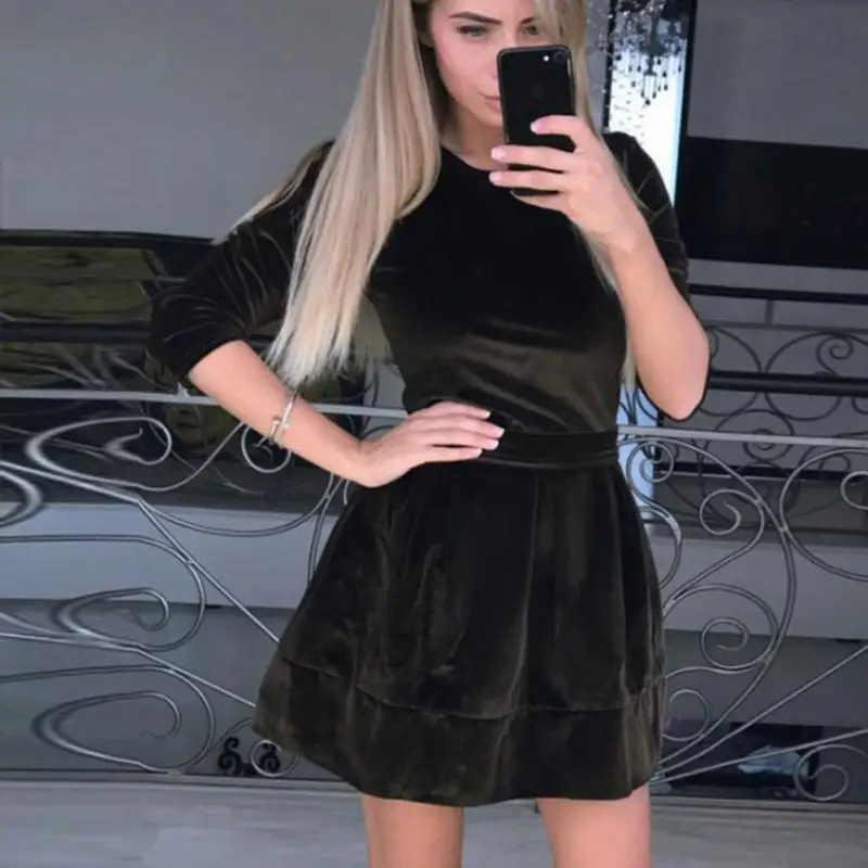 Новый Для женщин модные бархатные одноцветное Цвет шею 3/4 рукав длиной выше
