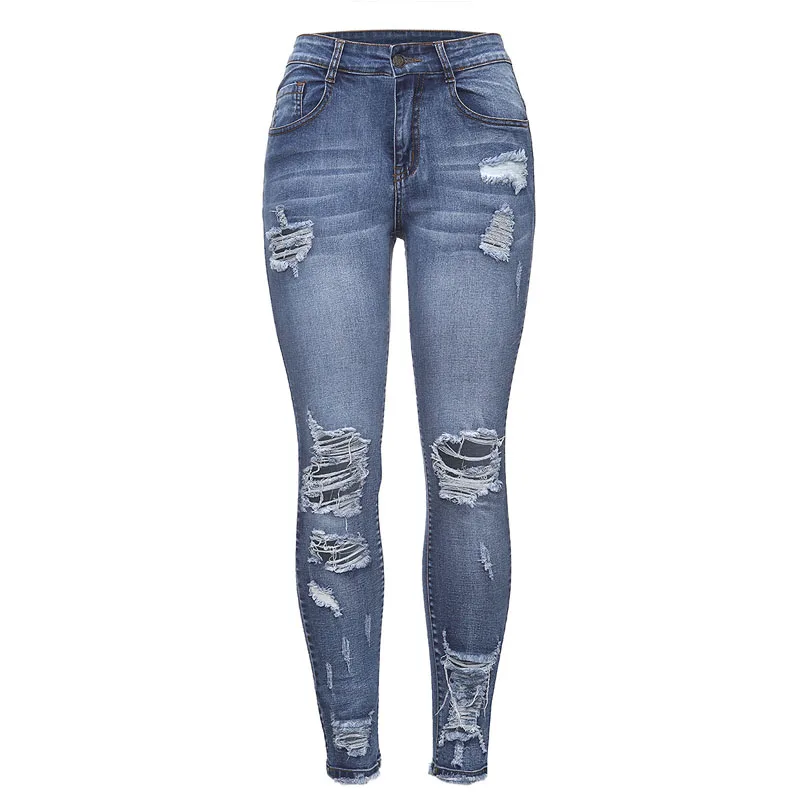 Новинка ультраэластичные Синие рваные джинсы с бахромой женские джинсовые брюки
