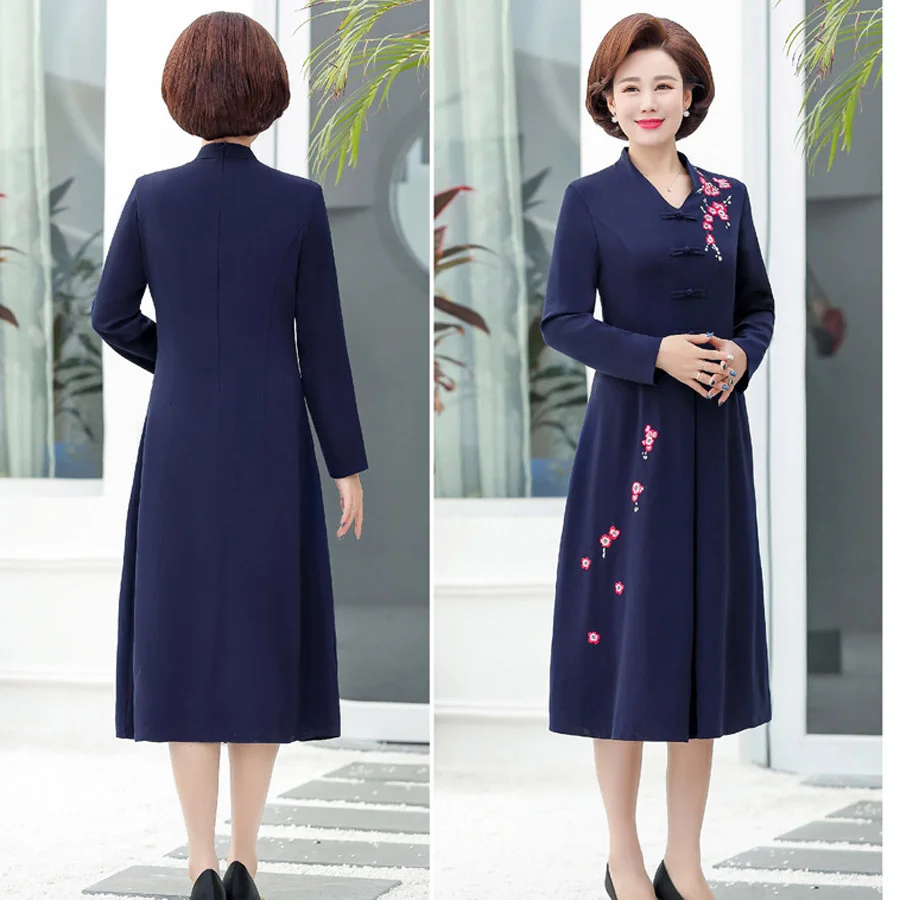 Весенне осеннее благородное платье с вышивкой для среднего возраста P8707903