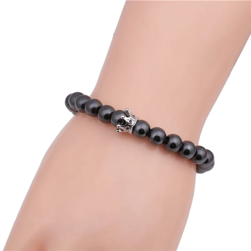 Натуральный камень браслеты Корона гантели мужской гематитовый браслет бусины