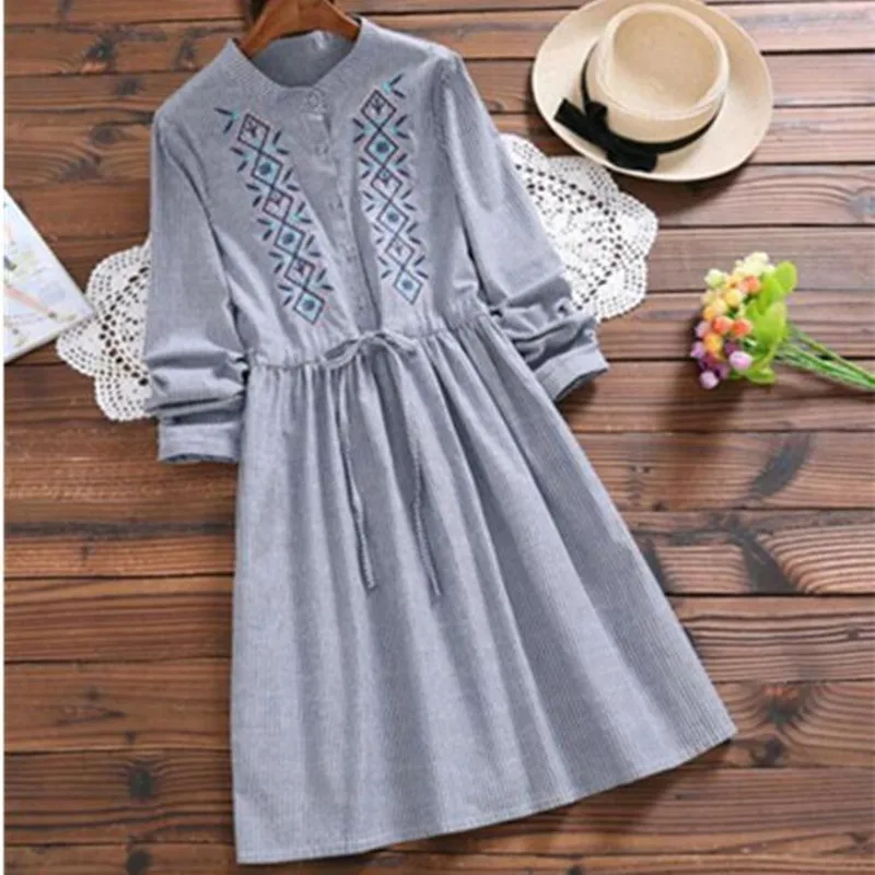 Женское винтажное платье Mori Girl хлопковое льняное в полоску с длинными рукавами и