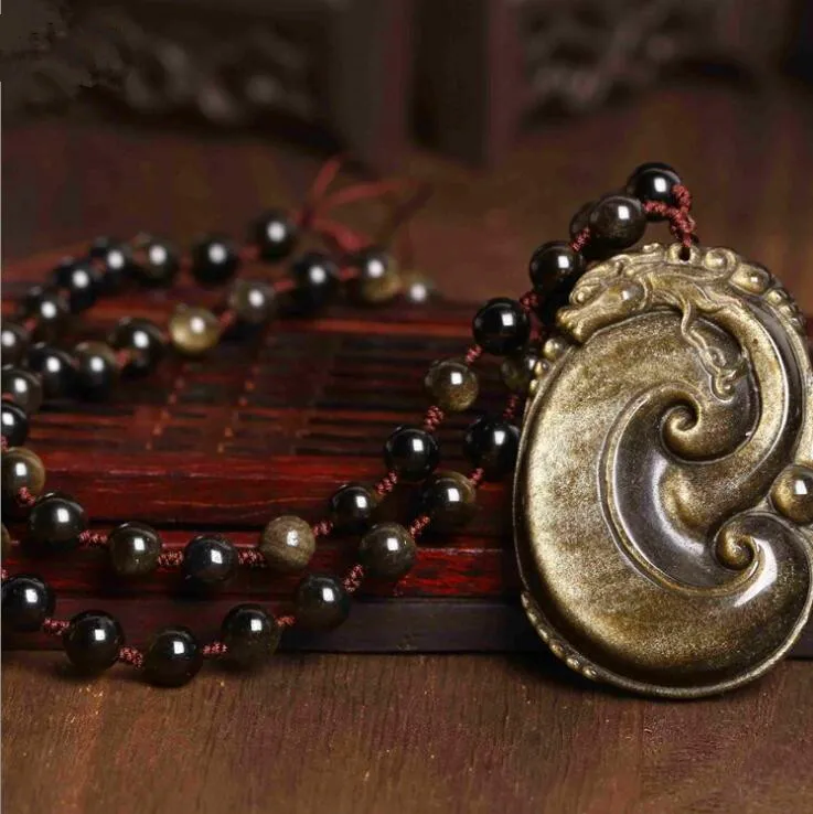 48x32mm Beautiful Natural Gold Obsidian Hand Carved Handmade Dragon RuYi Lucky Pendant + free Beads Necklace Fine Jewelry | Украшения и