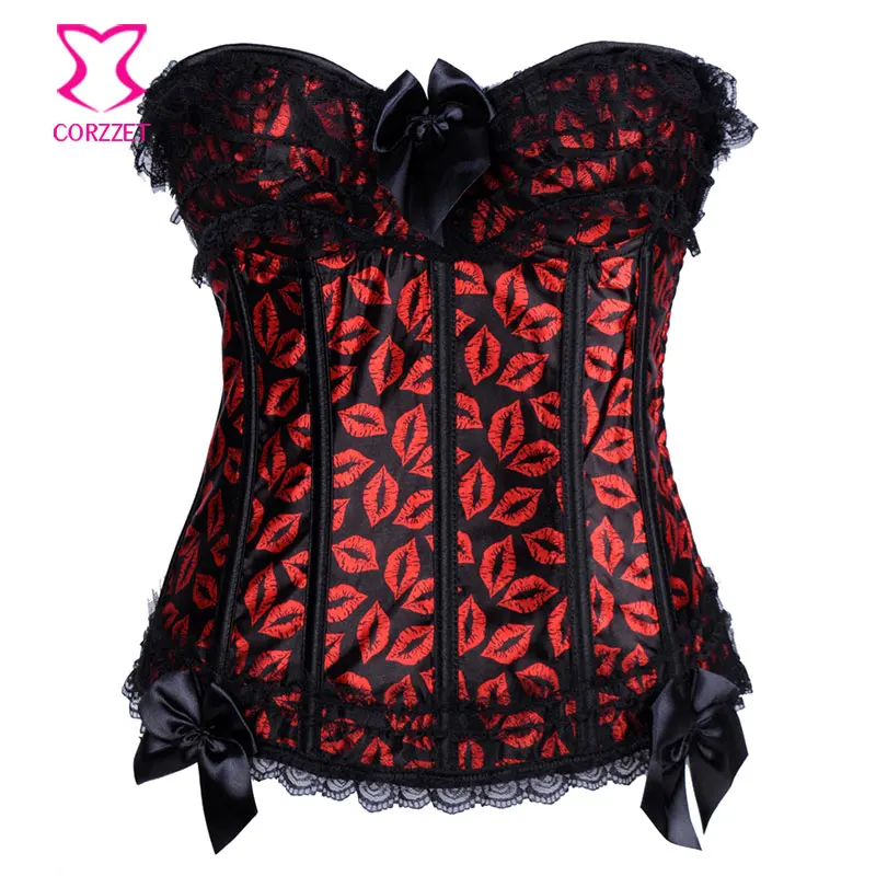 

Black Bows/Red Lips Pattern Satin Overbust Sexy Bustier Corset Waist Shaping Gothic Korsett Top Corpete E Corseletes Espartilhos