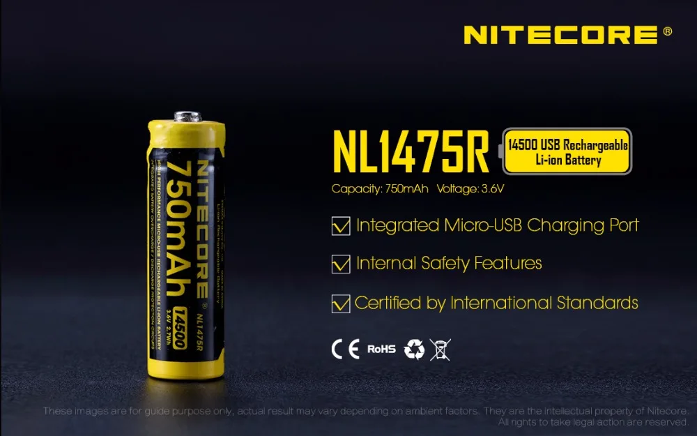 NITECORE NL1475R 2 шт. встроенный Micro USB зарядный порт перезаряжаемые батареи 750 мАч 14500