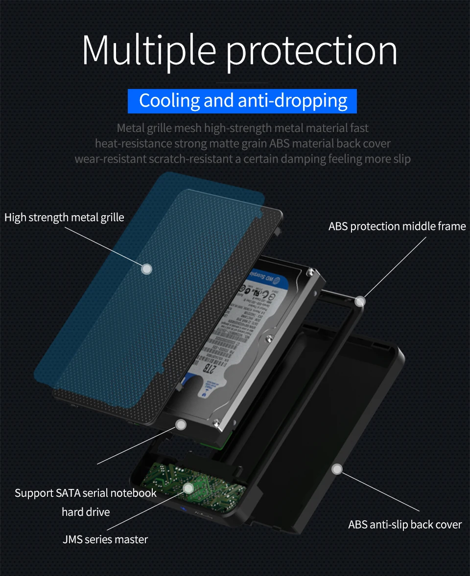Корпус для жесткого диска 2,5 дюйма, чехол для жесткого диска Micro B-USB A 3,0, 2,5 дюйма, поддержка SSD/HDD, макс. 6 ТБ, SATA HDD, портативный бокс для жесткого диска для ПК, ноутбука