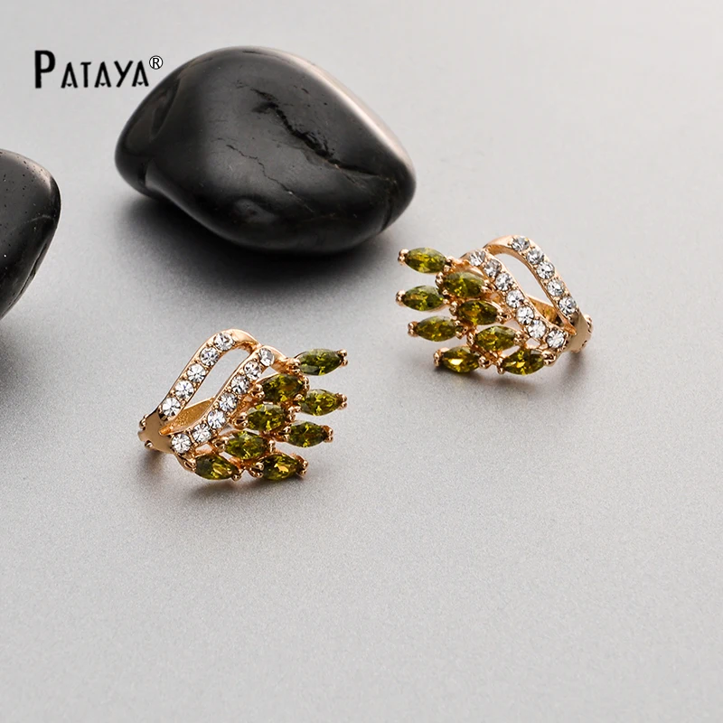 PATAYA, классические, оливково-зеленые, 585, розовое золото, большие серьги, два ряда, капля воды, кубический цирконий, натуральные серьги для женщин, изысканные, винтажные