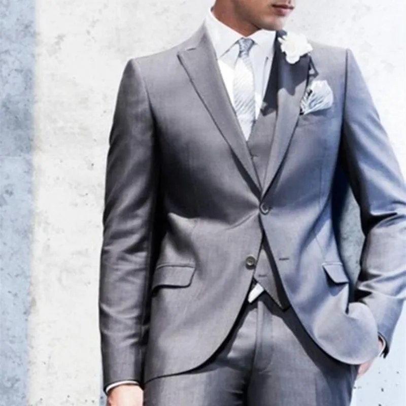 Custom Made Light Grey Men Suits 2017 Elegant Wedding Part Suit For Men Slim Fit Groomsmen Tuxedos (Jacket+Pants+Vest+Tie)