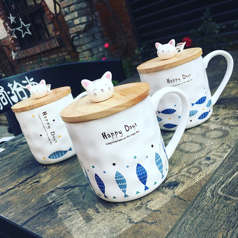 Творческий Gatos и рыбы Marks керамические Tazas мультфильм Комплект завтрак молока
