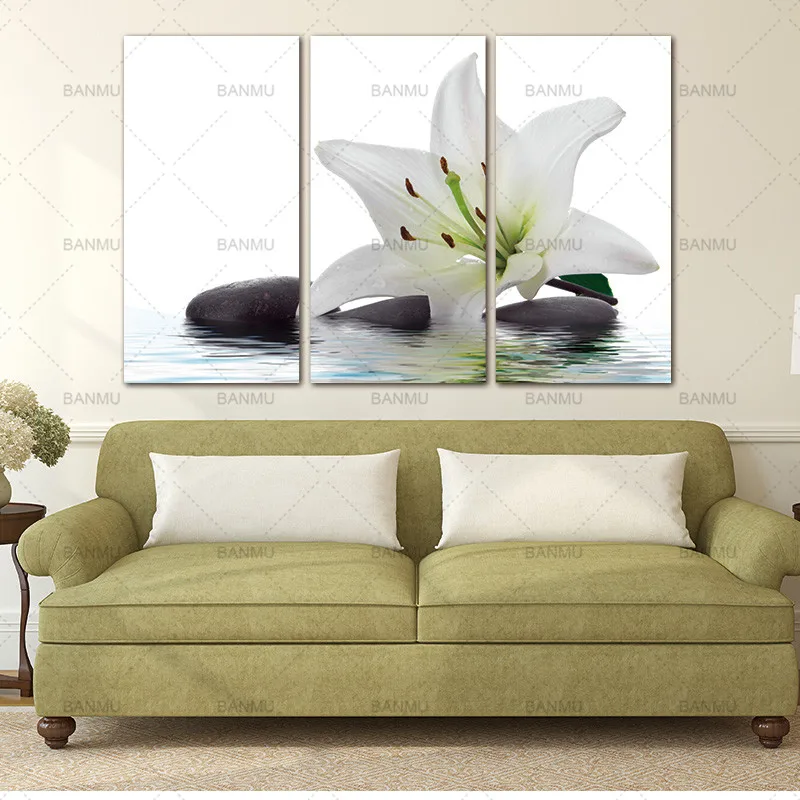 

3 Panel Wall Art White Madonna Lily And Stone In Water Painting The Picture Print On Canvas Flower Pictures For Home Decor