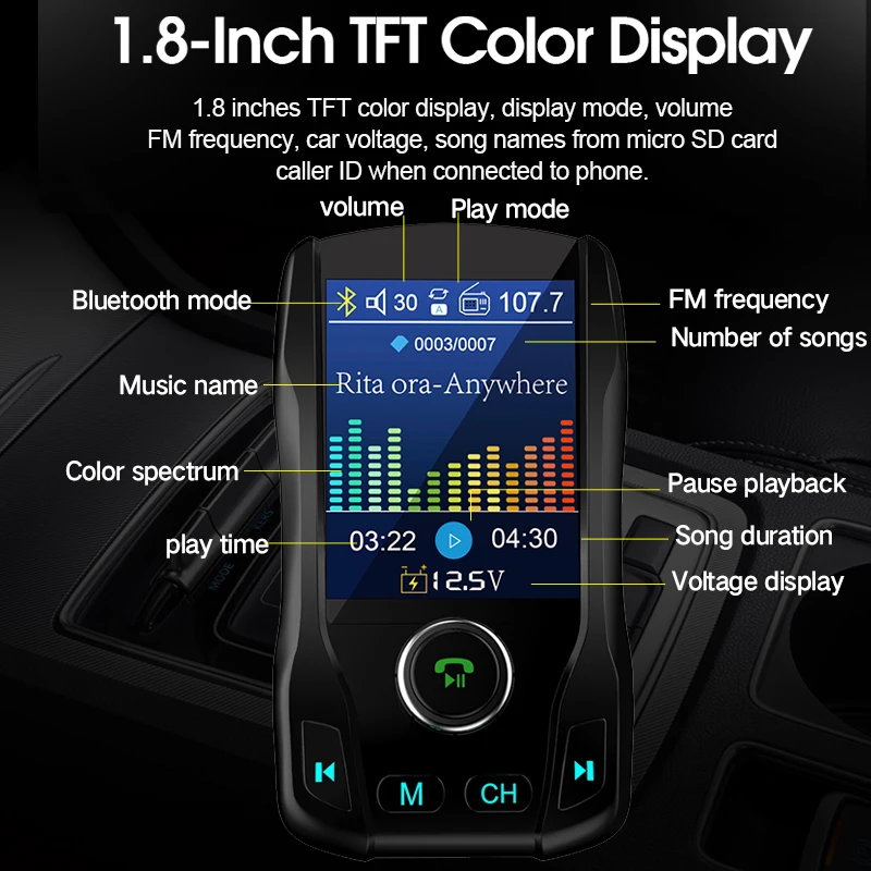 CDEN цветной большой экран 1,8 дюймов Автомобильный mp3 музыкальный U диск плеер Bluetooth приемник fm-передатчик aux аудио выход Автомобильное зарядное устройство