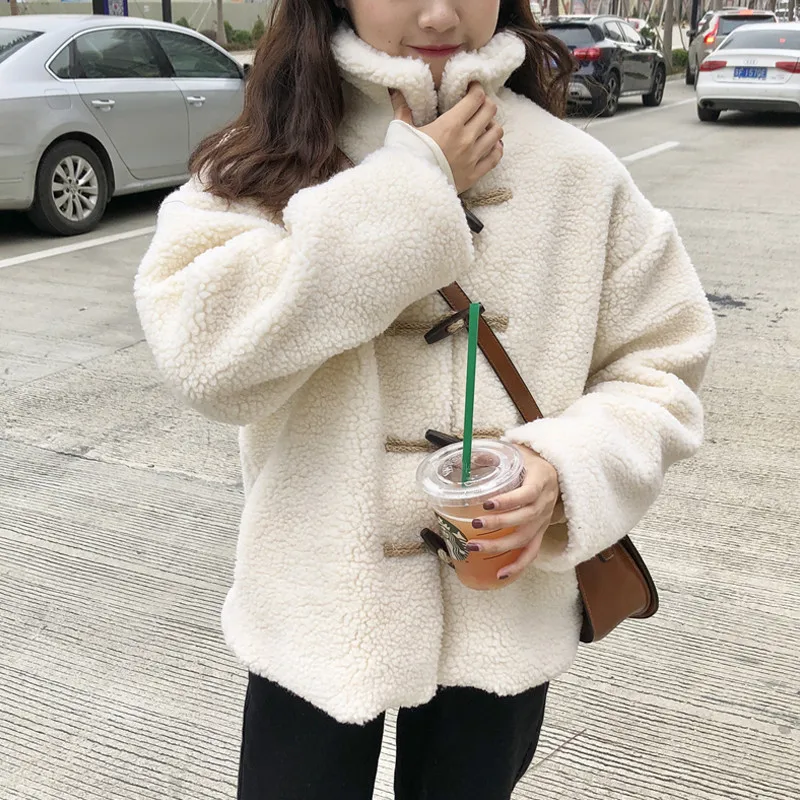 Women Winter New Lamb Cashmere Jacket Outerwear Large Size Standing Collar Loose Horn buckle Thickening Warm Coat Overcoat | Женская