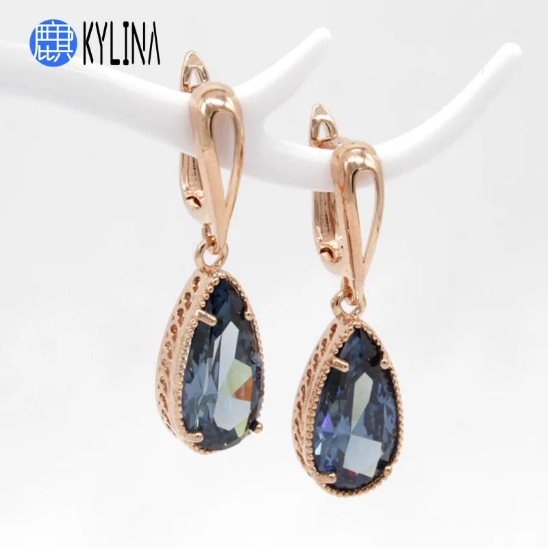 KYLINA Classic 8 Color Water Drop Cubic Zirconia Dangle Earrings 585 Rose Gold Bohemia Eardrop For Women Girl Wedding Jewelry | Украшения и