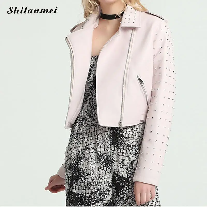 

Punk Women Rivet Jacket Coat Casaco Feminino Long Sleeve Turn-Down Collar Studded Cool Female Motorcycle Black Pink Outerwear