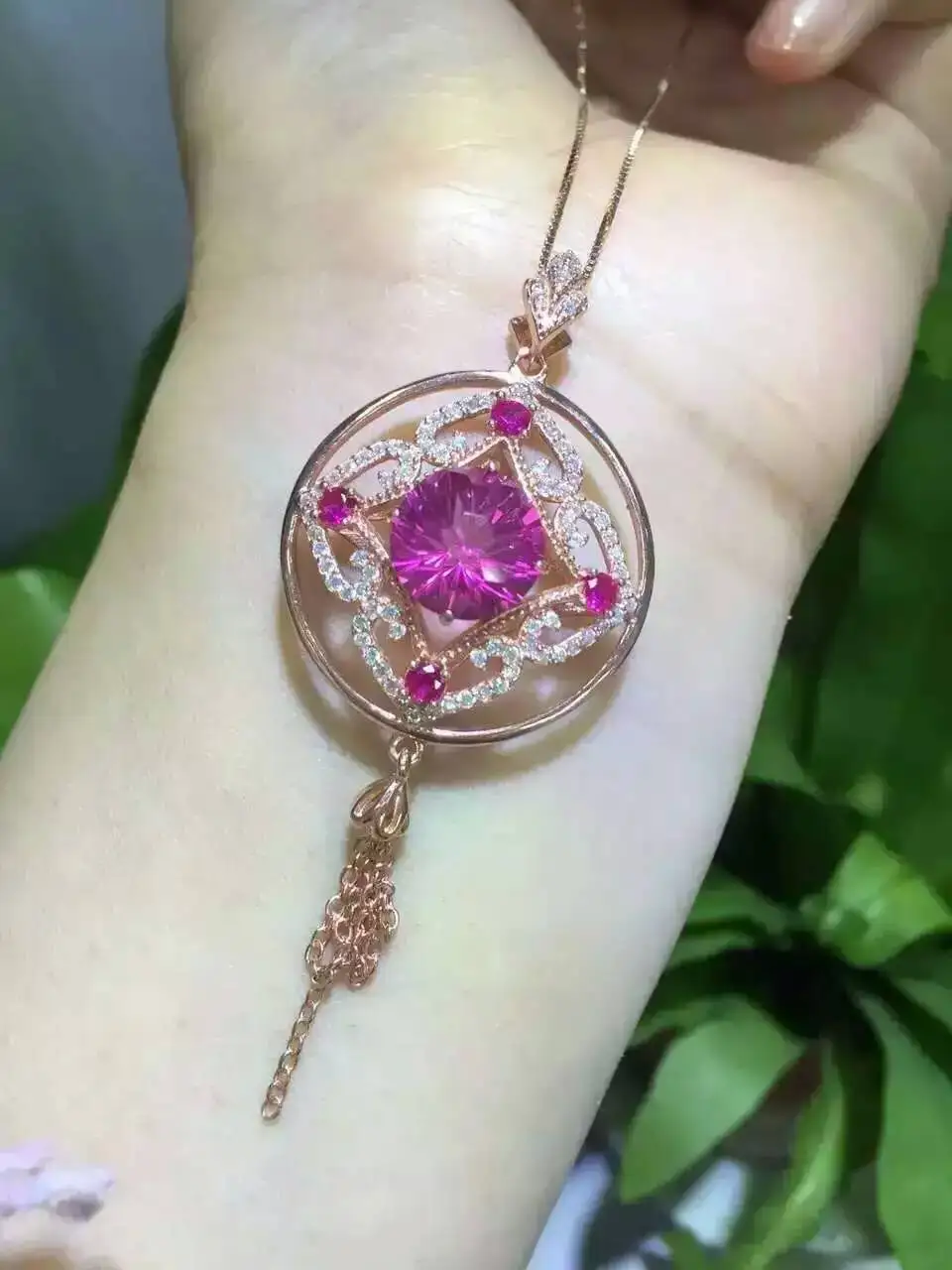 

natural red topaz stone pendant S925 silver Natural gemstone Pendant Necklace trendy Lucky big round tassel women gift jewelry