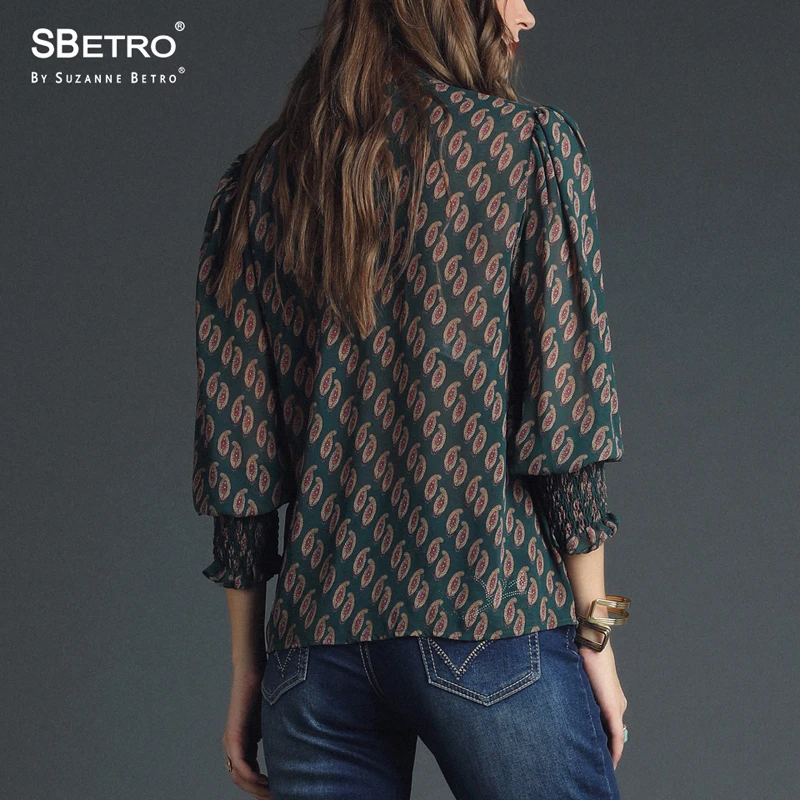 SBetro шифоновая шаль блузки печати рюшами Mockneck длинный шарик рукав Осень Туника