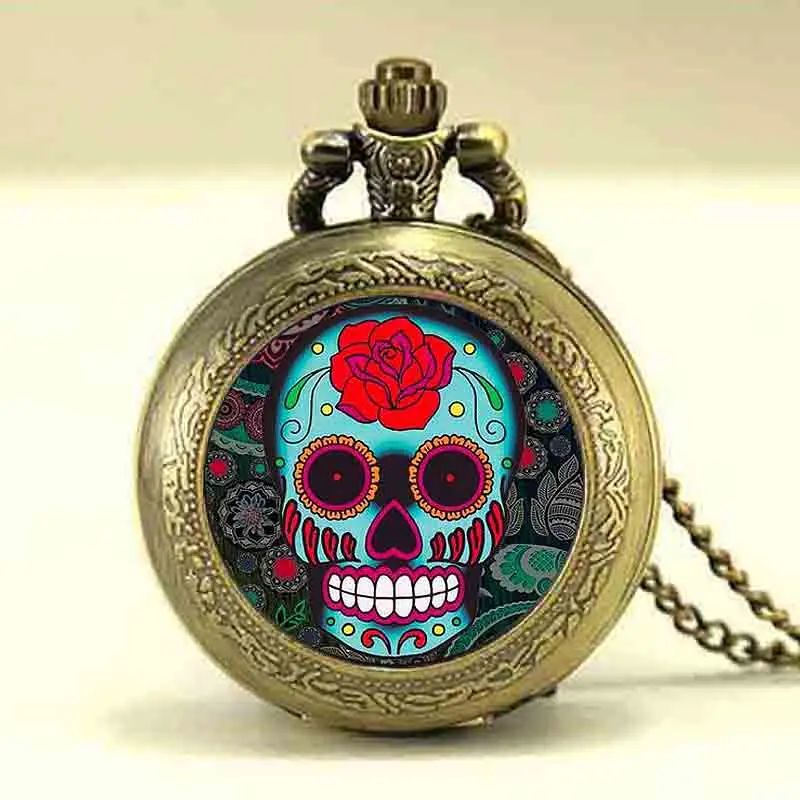 Античная бронза Винтаж Череп Скелет карманные часы ожерелье череп кварцевые