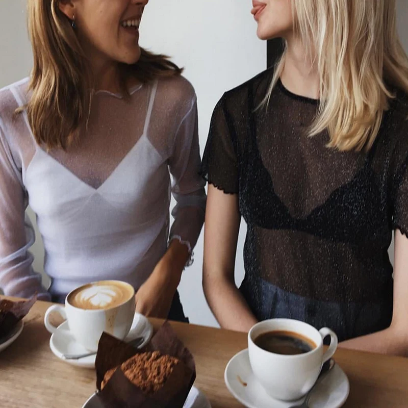 Женская Прозрачная Футболка черная с длинным рукавом | одежда