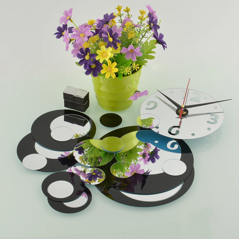 DIY Circles Acrylic Mirror black Silver Wall Clock Mural Decal Sticker Movement* | Дом и сад