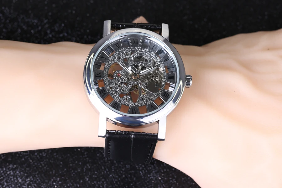 Мужские механические наручные часы-скелетоны Winner с кожаным ремешком прозрачные