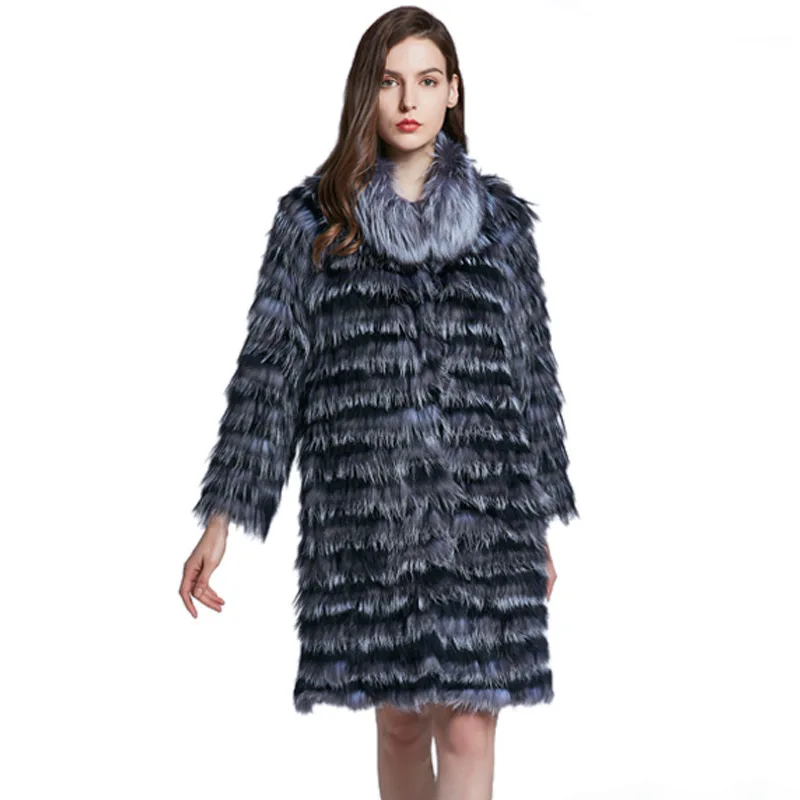 Пальто с натуральным лисьим мехом в полоску сезон осень-зима женский меховой