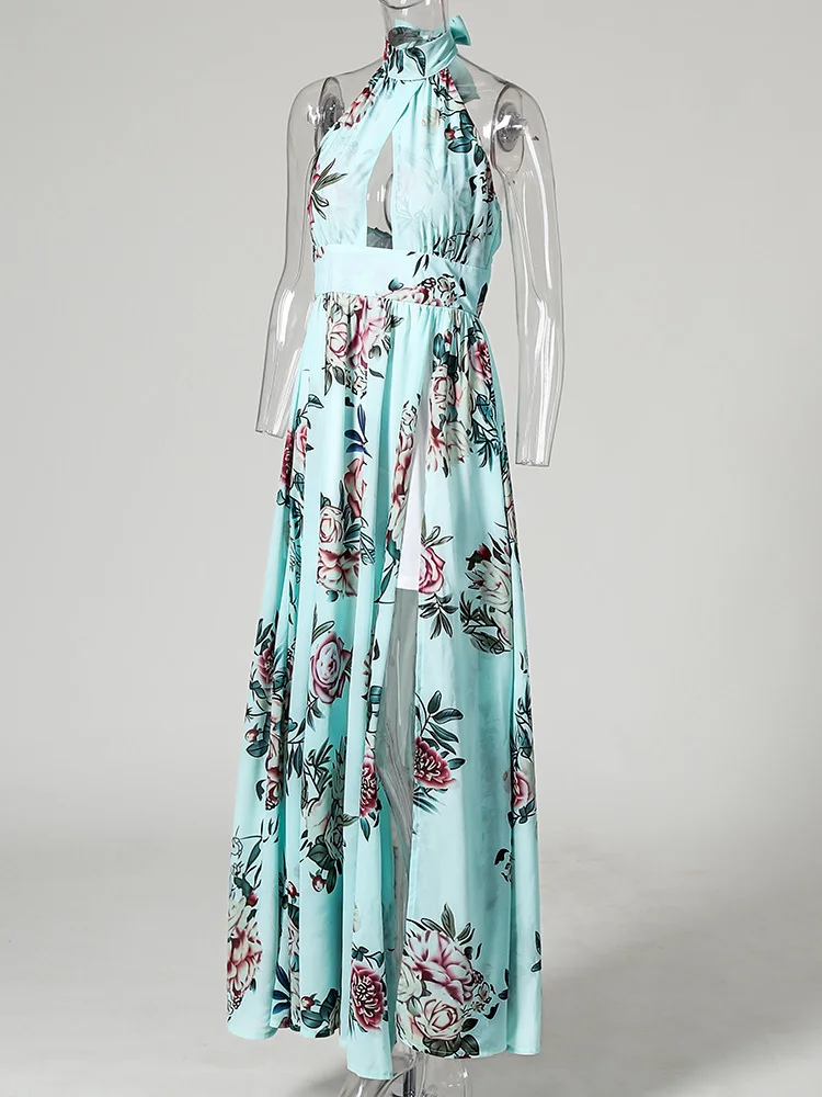 Женское платье макси без рукавов с цветочным принтом узелком и разрезом сзади