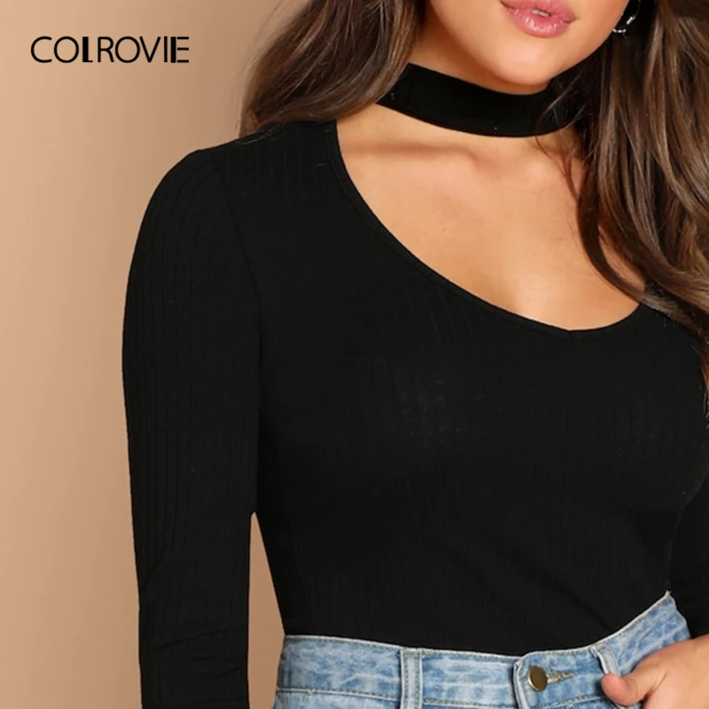 COLROVIE, черная, сплошная, с вырезами, с воротником-чокером, сексуальная, вязанная футболка для женщин,, Весенняя мода, элегантные, с длинным рукавом, футболки, женские топы