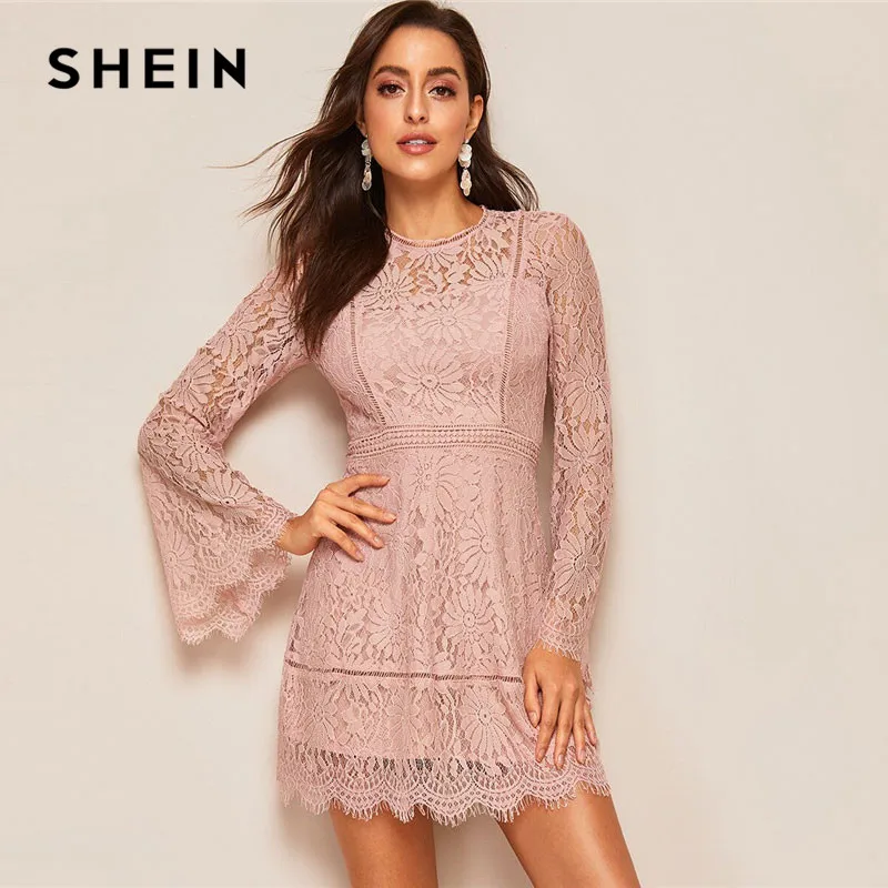 SHEIN, романтическое кружевное платье с рукавами-трубами и цветочным рисунком, женская одежда, весна, мини платье на молнии с рукавами-воланами, платья для вечеринок