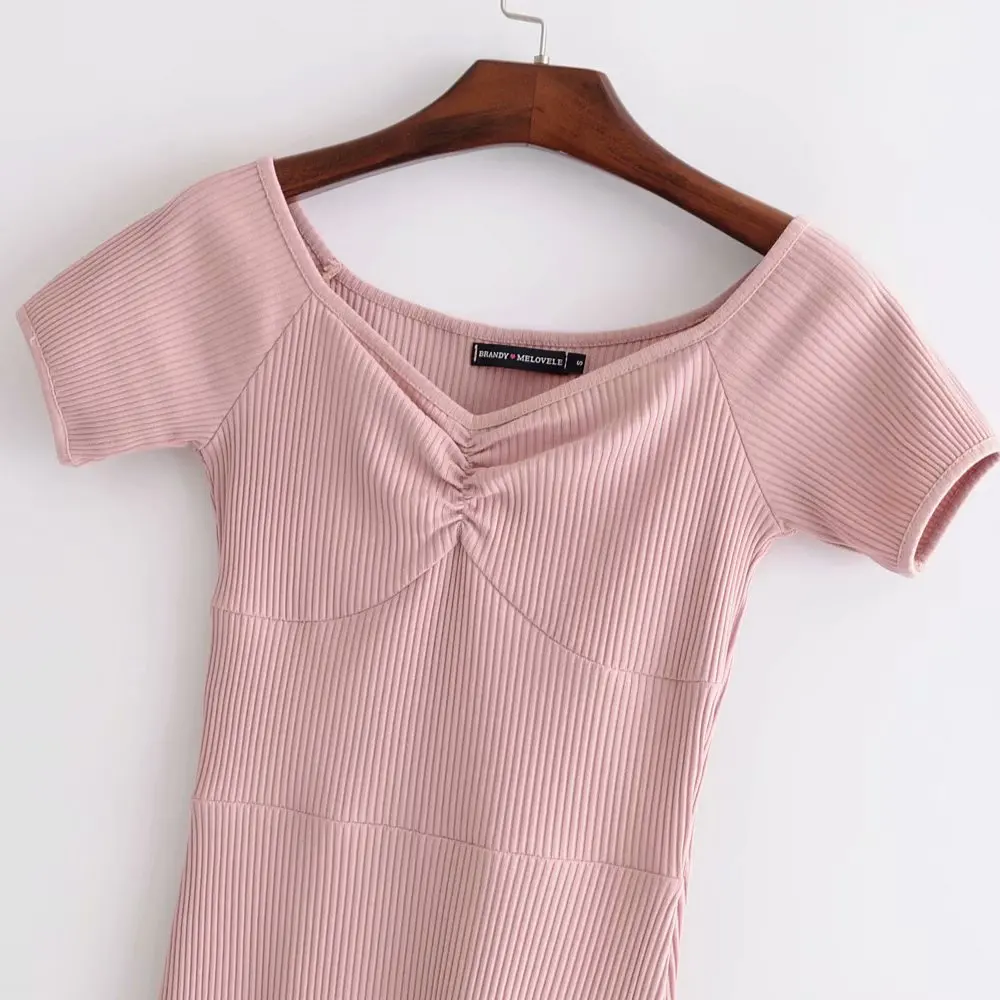 

Women Sweetheart Neck Ribbed Mini Dress Short Sleeve Easy Fit Mini Dress