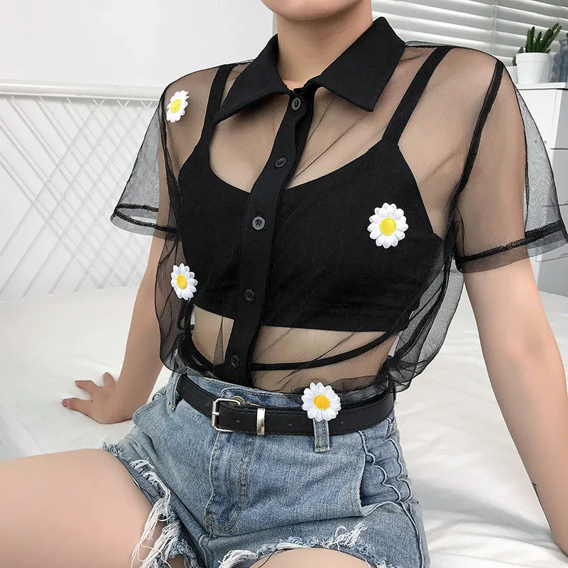 Женские милые свободные сетчатые топы с цветочным принтом и отложным воротником