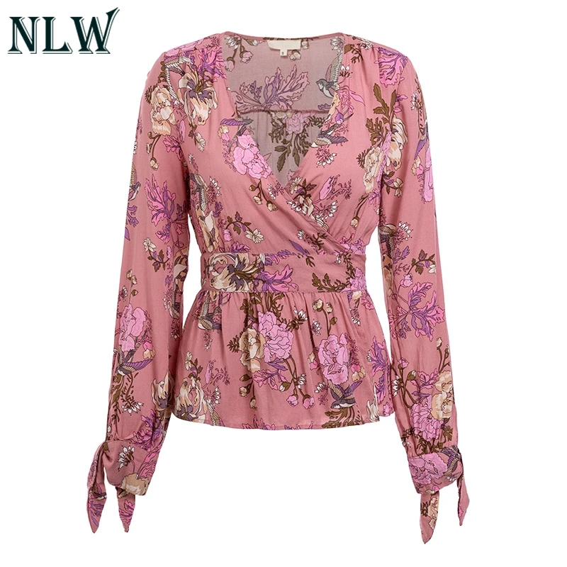 NLW Sexy Feminino розовый цветочный блузка Для женщин с длинным рукавом оборками