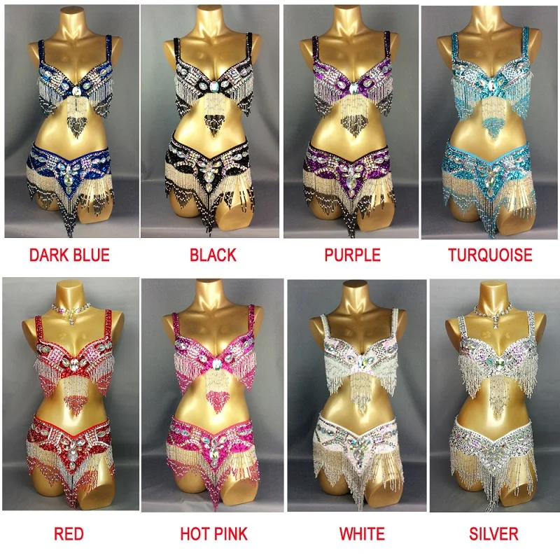 New Women's Beaded Sequins Belly Dance Costume Wear BRA BELT 2pc Set Showgirl Ladies Bellydancing Costumes Bellydance Clothes