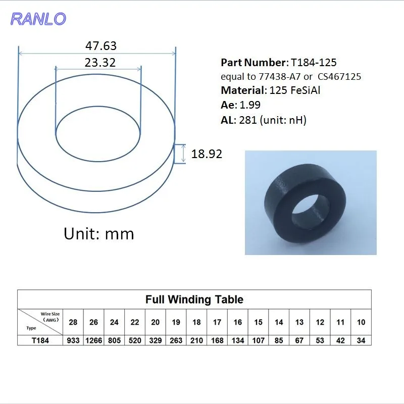 Тороидальное ядро RANLO Sendust T184 125 CS467125 77438 A7 OD * ID HT 48*23*19 мм AL: 281nH/N2 Ue: 2 шт.|als 1|core 7core 1 |