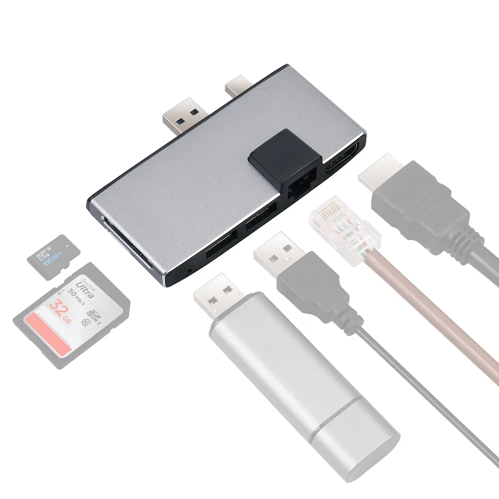 ESYNiC портативный для Surface Pro концентратор с 1000 м Ethernet LAN+ 2 порта USB 3,0+ Mini DP к HDMI+ SD/TF(Micro SD) Адаптер для карты памяти