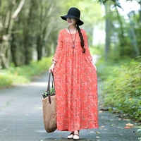 vintage women floral print cotton linen maxi robe dress ethnic beach boho full sleeve loose a line dresses vestidos