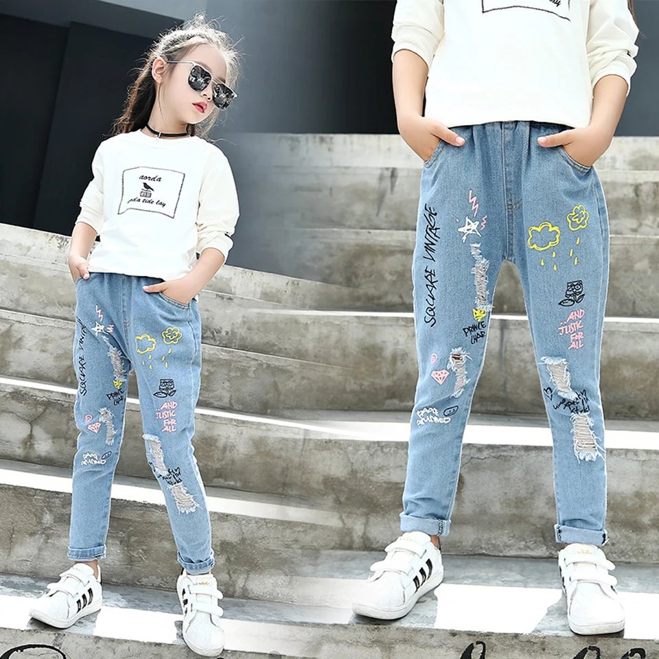 Детские летние джинсы для девочек новинка 2017 осенние джинсовые брюки больших с