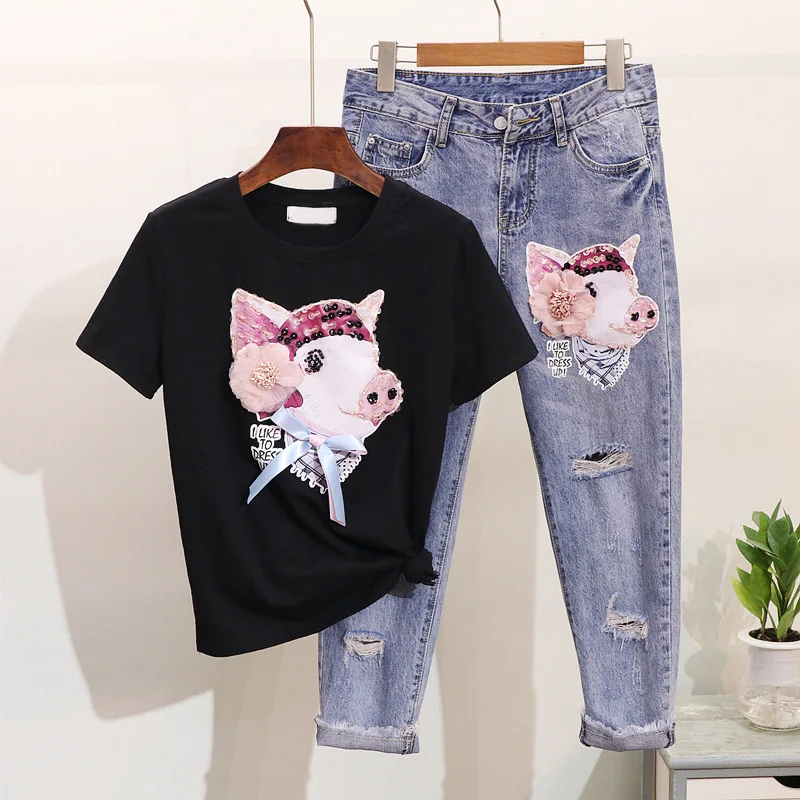 2019 Весна-осень 2 Джинсы pieces костюмы мультфильм футболка Топы + джинсы комплект со