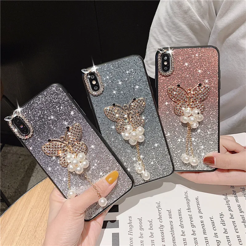 На заказ для huawei mate 20 Lite 10 Pro блестящий чехол бабочка со стразами Y9 Y6 Y5 украшение из