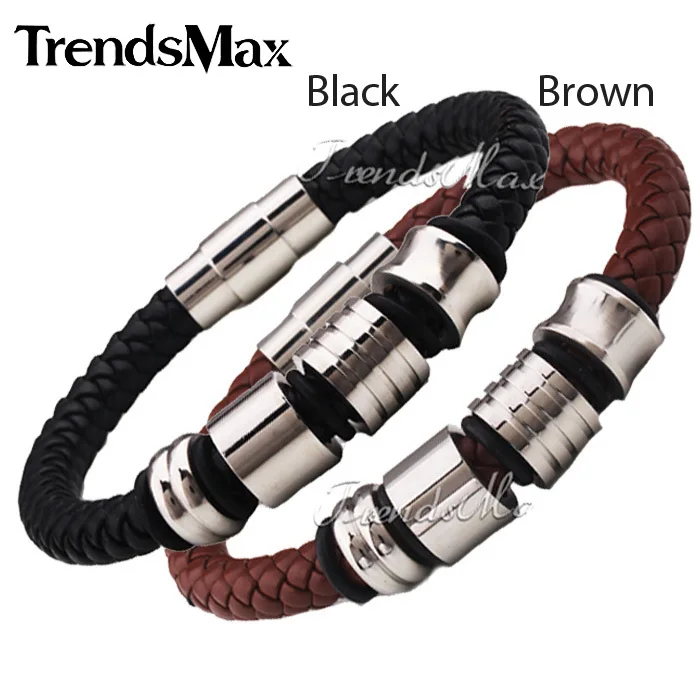 Мужской браслет Trendsmax черный коричневый из плетеной веревки с бусинами магнитной