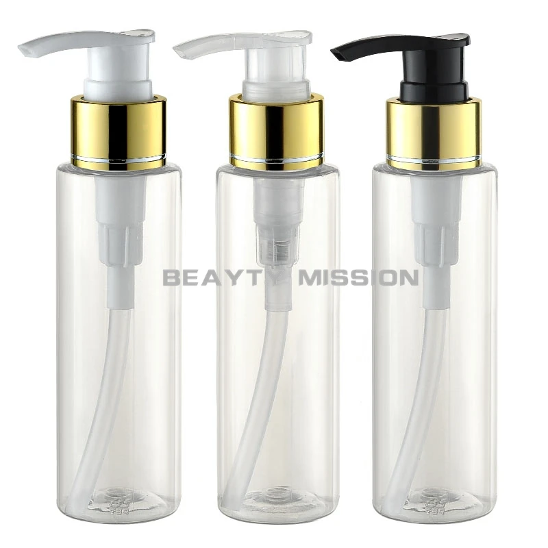 48 X 100ml empty clear cosmetic body lotion container with aluminum pump gold lotion shampoo bottle cosmetic packaging container