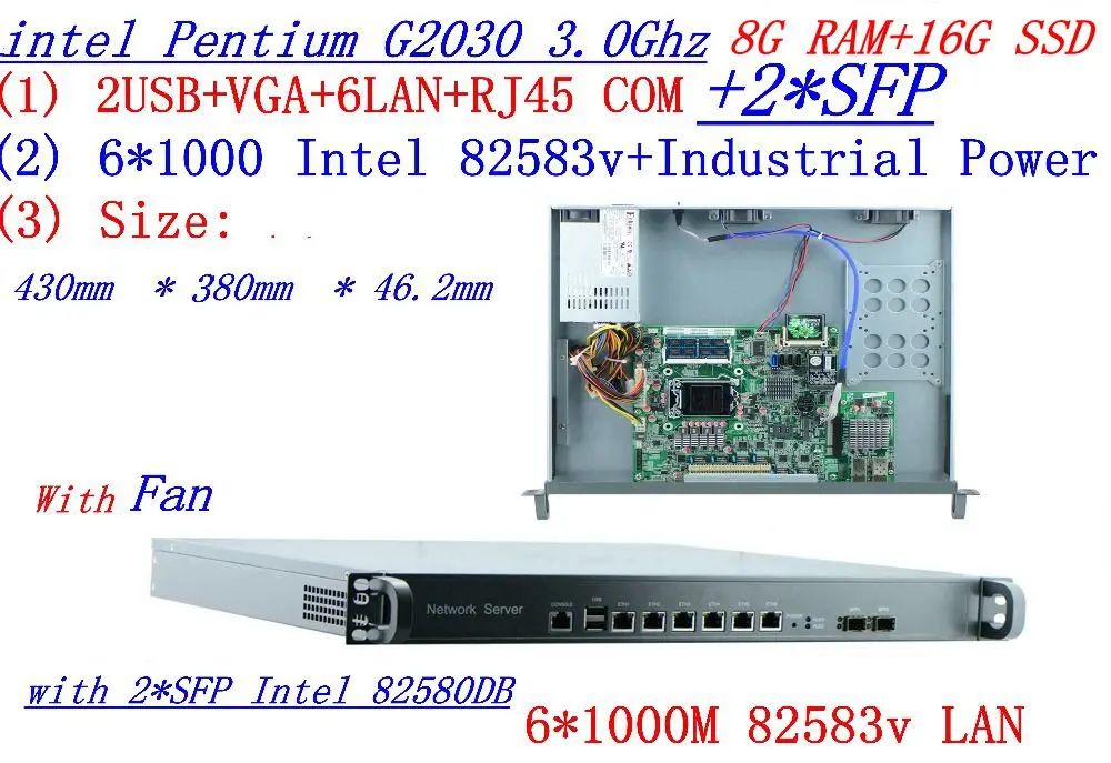 INTEL G2030 3.0Ghz 1U rack type firewall server with 6*1000M 82583v Gigabit LAN 2*SFP Support ROS/RouterOS 8G RAM 16G SSD  Компьютеры