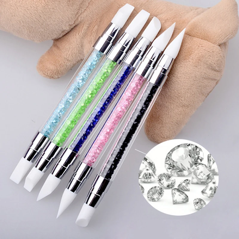 

2 Way Rhinestone Crystal Nail Art Brush Pen Silicone Head Carving Emboss Shaping Hollow Sculpture Acrylic Manicure Dotting Tools