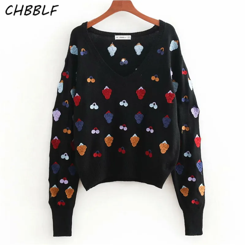 CHBBLF women V neck fruits embroidery sweaters long sleeve stretchy pullovers stylish female casual chic tops BGB8606 | Женская одежда