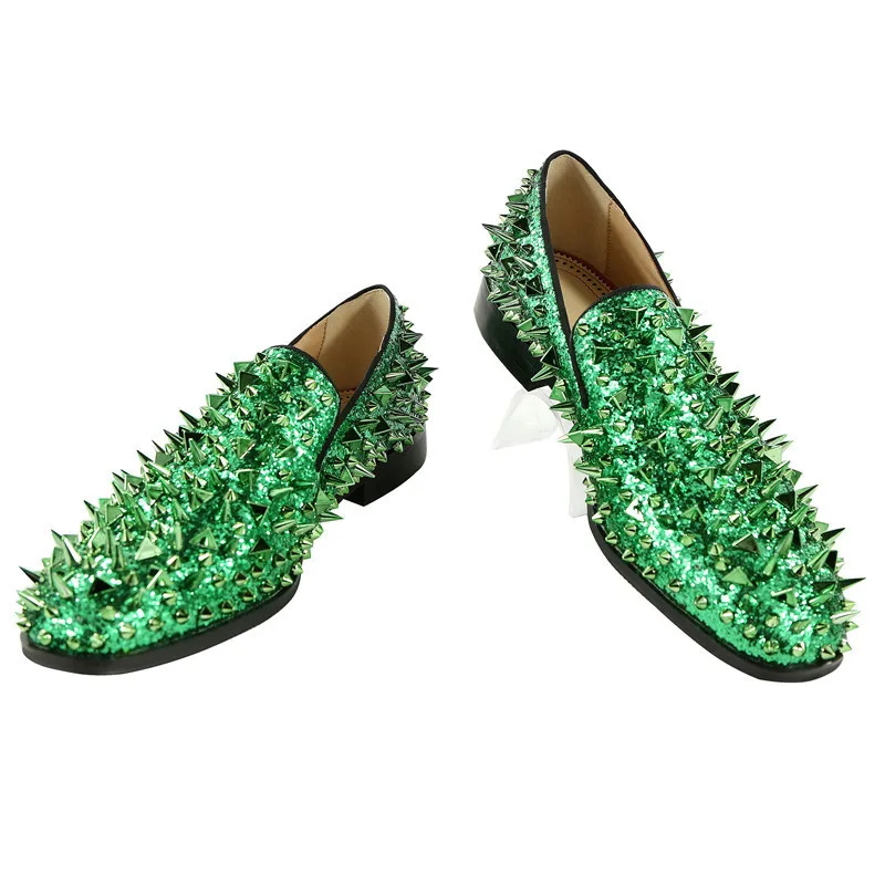 Glitter Rivet Casual Shoes Men Sequin Loafers Round Toe Slip On Flats Genuine Leather Studded Men Shoes Zapatillas Hombre