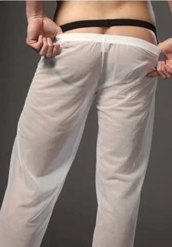 Мужские дышащие сексуальные гладкие прозрачные сетчатые газовые брюки, белые черные сетчатые удобное мужское белье длинные брюки