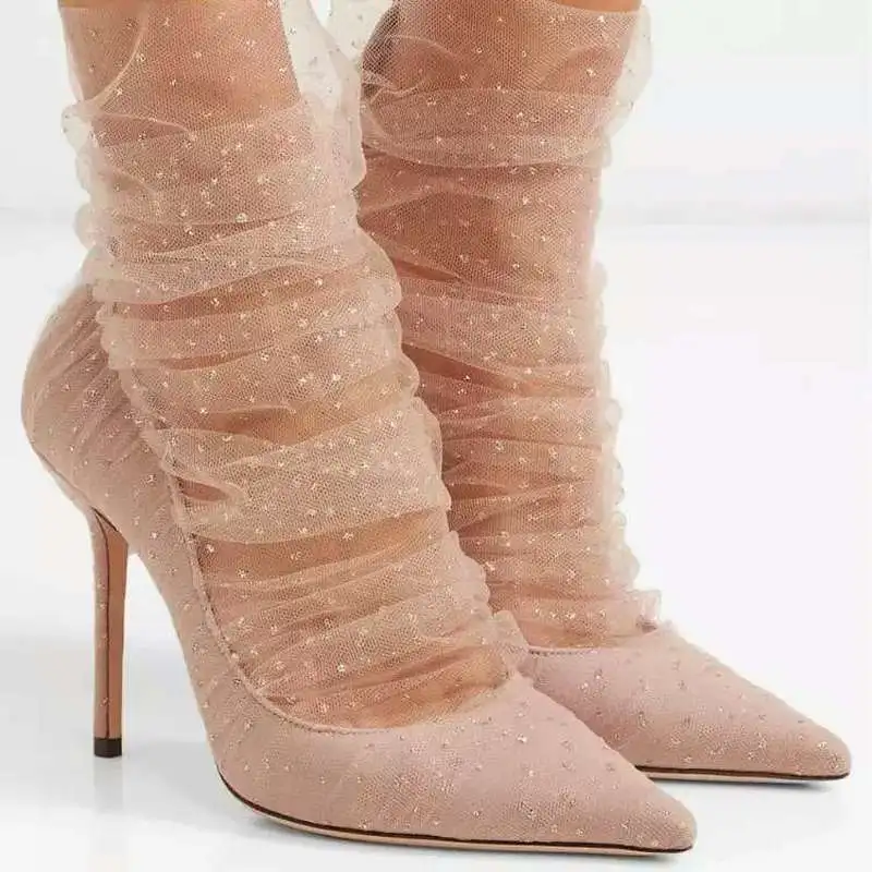 Sandalias Femeninas/босоножки на высоком каблуке с кружевом, сетчатый со стразами, с острым носком женские пикантные вечерние туфли-лодочки для подружки невесты