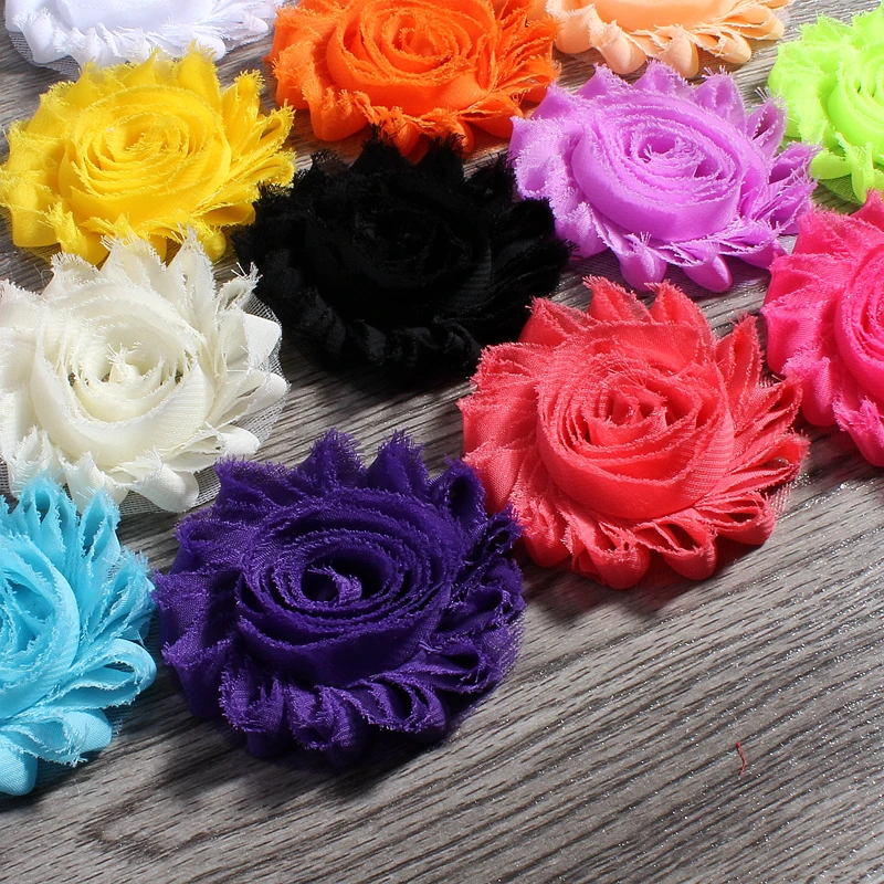 

30pcs/lot 2.6" 15colors Fashion Chic Shabby Chiffon Flowers For Kids Hair Accessories 3D Frayed Fabric Flowers For Headbands
