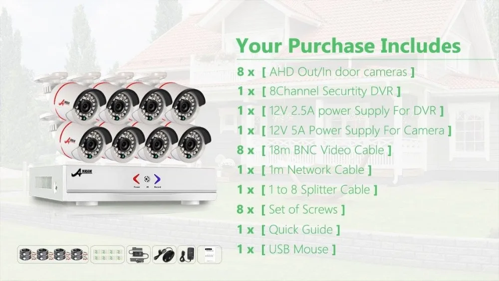 ANRAN Plug &ampPlay 8CH hybrid HD AHD DVR 1800TVL 720P Waterproof Outdoor 24 IR Day Night Vision Home CCTV Camera Security System |